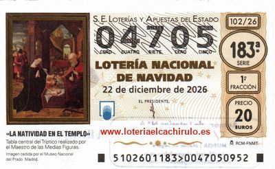 Anverso del d&eacute;cimo 04705 de la Loter&iacute;a de Navidad 2026, de Molina de Segura (Murcia)